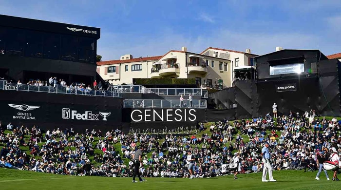 The 18th hole green and hillside are pictured at the 2023 Genesis Invitational at Riviera Country Club.